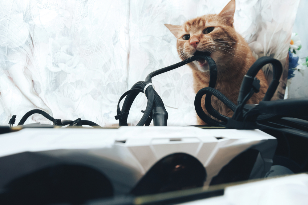 An orange tabby cat bites down on black braided electrical cables behind a computer or electronic device with a floral curtain in the background.